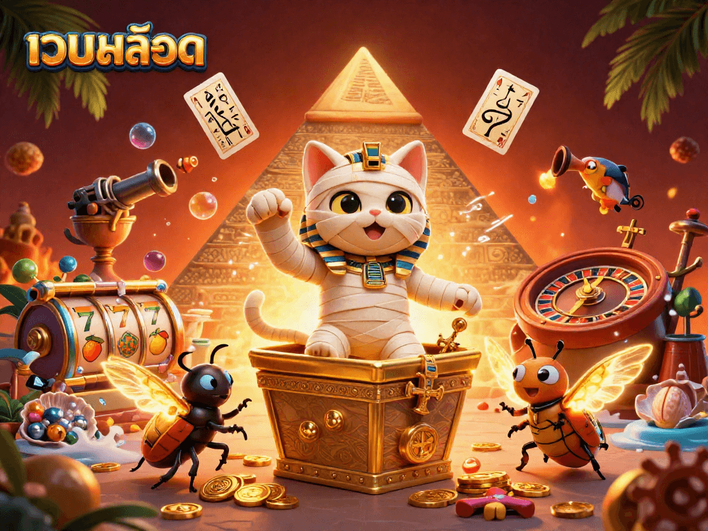 Experience thrilling เว็บสล็อต action with a dynamic 3D scene featuring slots, an Egyptian mummy cat, and vibrant treasures.