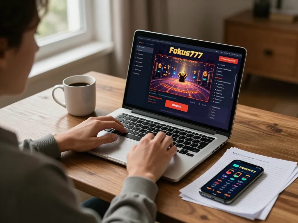 Experience online gameplay with Fokus777 in a cozy home setting, showcasing relaxed gaming strategy.