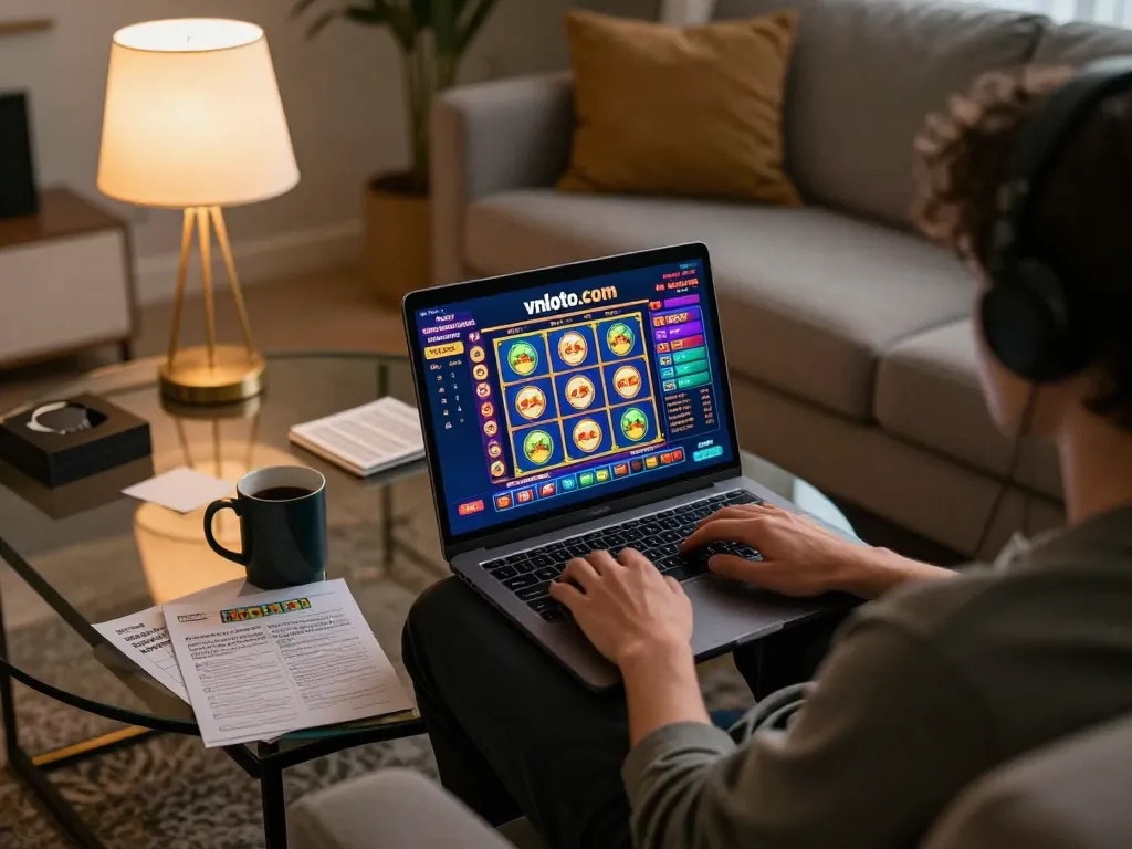 Person enjoying slot games on vnloto.com in a cozy home environment with warm lighting and personal touches