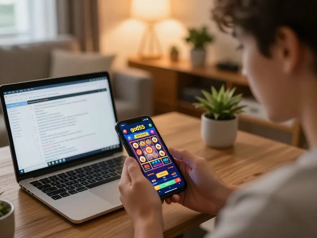 Player experiencing excitement with god55 casino app on smartphone, engaging in online gaming activities.