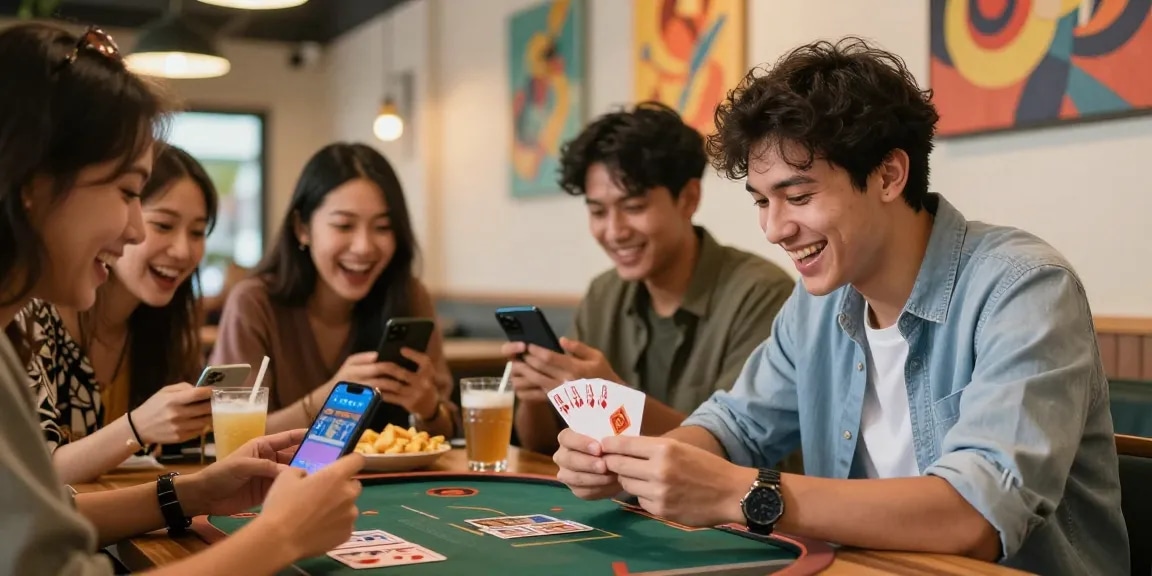 Excited players enjoying Teen Patti game in vibrant café setting, promoting engagement to visit page.