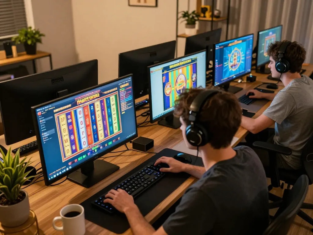 Engaging in slot online gampang maxwin gameplay at a modern home office setup, showcasing vibrant winning slots.