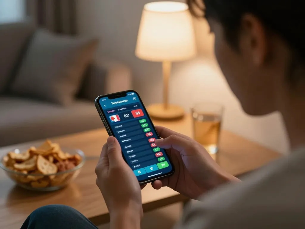 Engaging in live sports betting on go89 with smartphone displaying odds and betting options.
