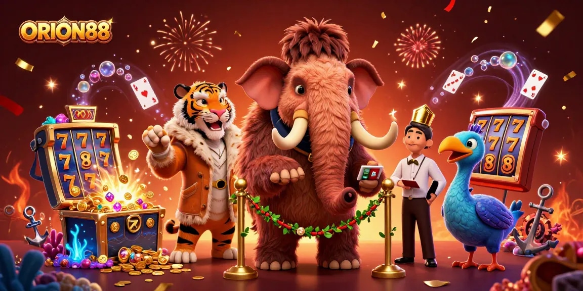 Win big at ORION88 with a thrilling 3D casino adventure illustration featuring vibrant characters.
