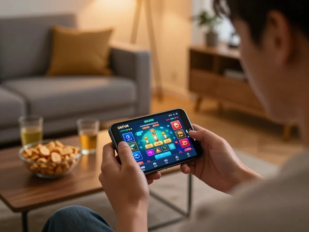 Engaging moment on OKFUN app with player immersed in online casino gaming experience