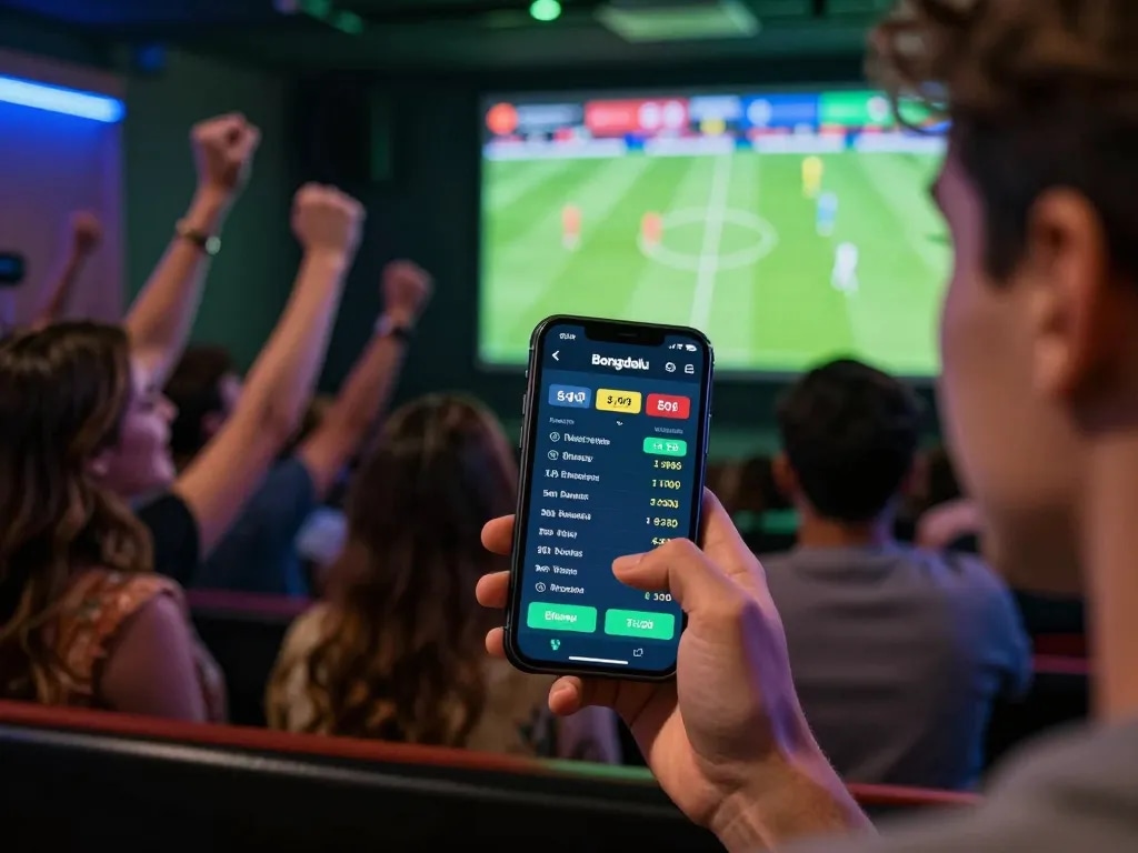 Bettor engaging with the Bongdalu app for live betting during a sports event, showcasing dynamic odds.