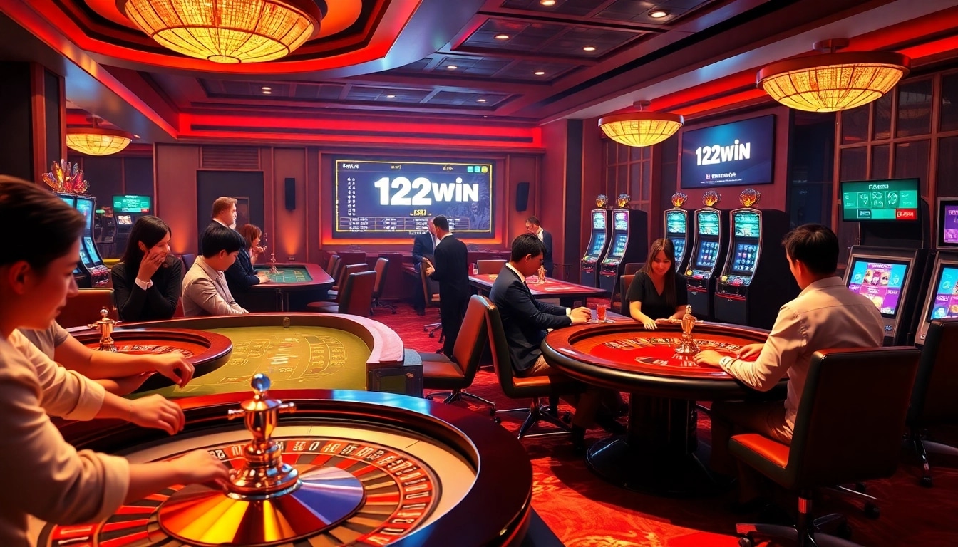 Participants enjoying thrilling games at 123win's vibrant casino tables and slot machines.