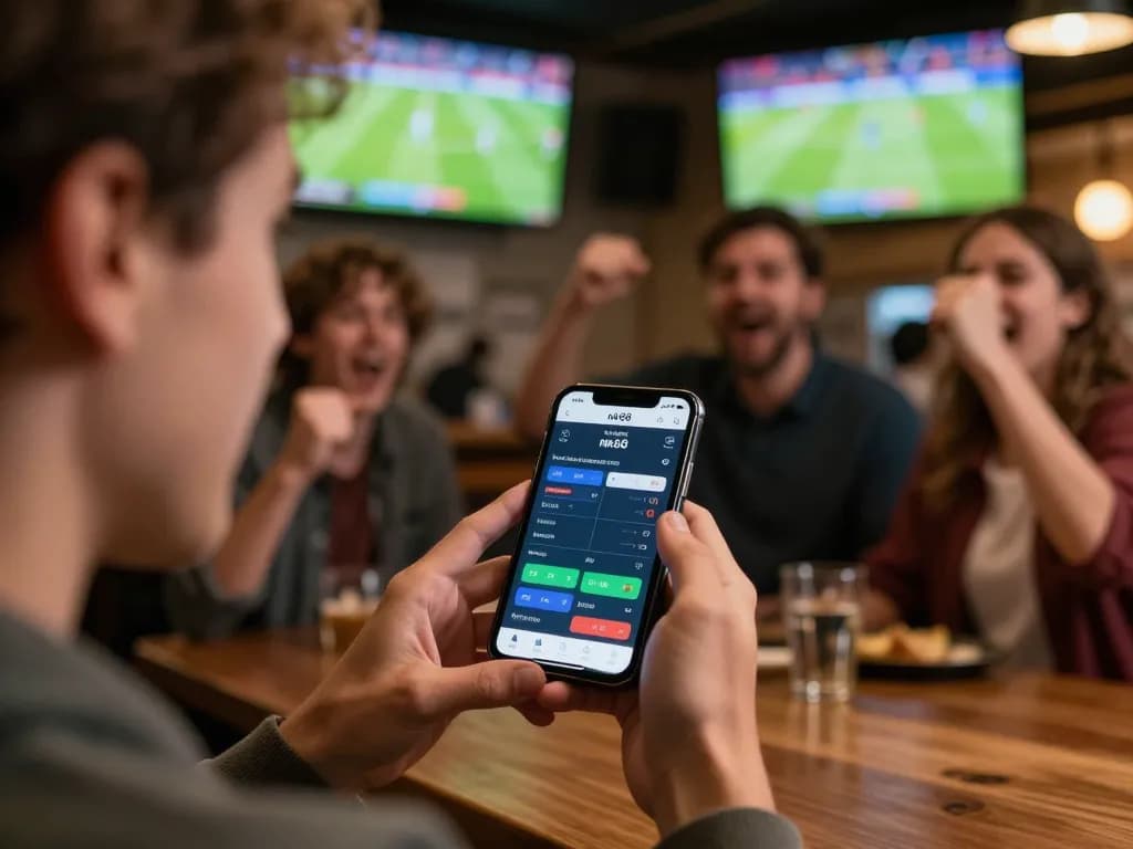 Engaging in sports betting through the nk88 app on a smartphone amidst a lively crowd