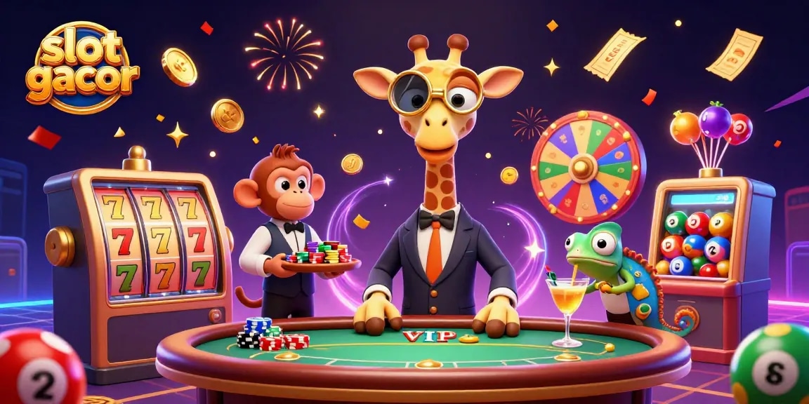Experience the excitement of slot gacor with vibrant characters and game elements in this lively illustration.