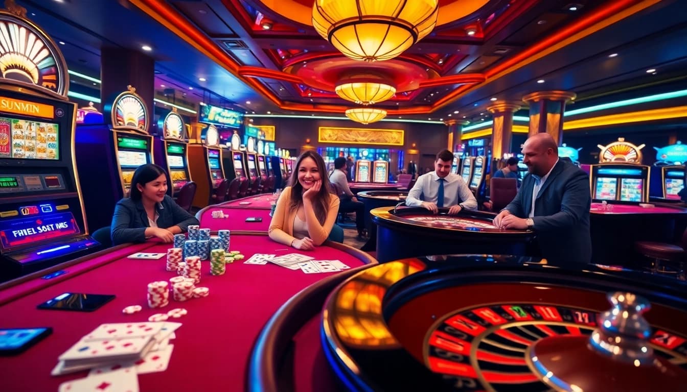 Experience the thrill of winning at Sunwin's vibrant casino scene with tables, slots, and excitement.
