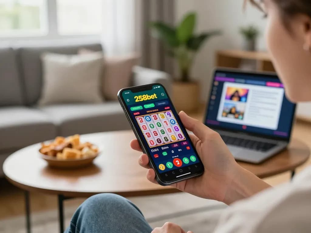 A player engages with the 258bet mobile casino app, showcasing vibrant slot game graphics in a cozy home setting.