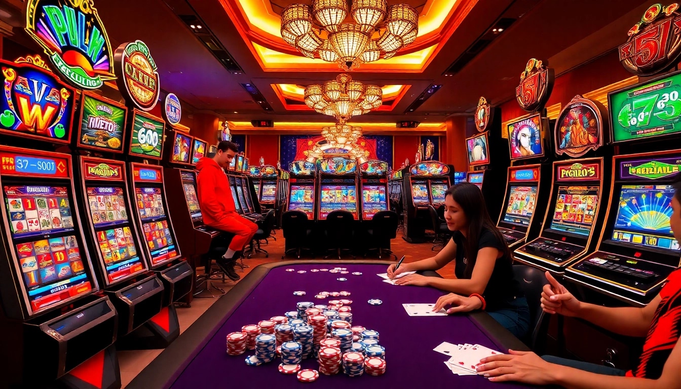 Pemain menikmati kegembiraan mesin agen slot di lingkungan kasino mewah.