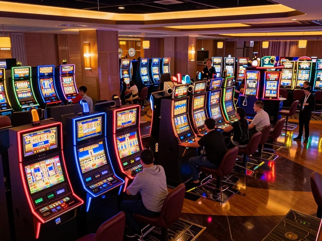 Players enjoying slot machines in a lively casino environment, emphasizing HM88 gaming excitement and experience.