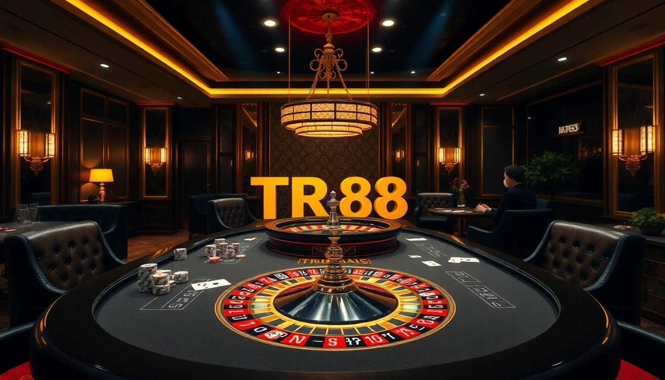 Experience TR88 gaming action at a luxury casino table with vibrant poker chips and cards.