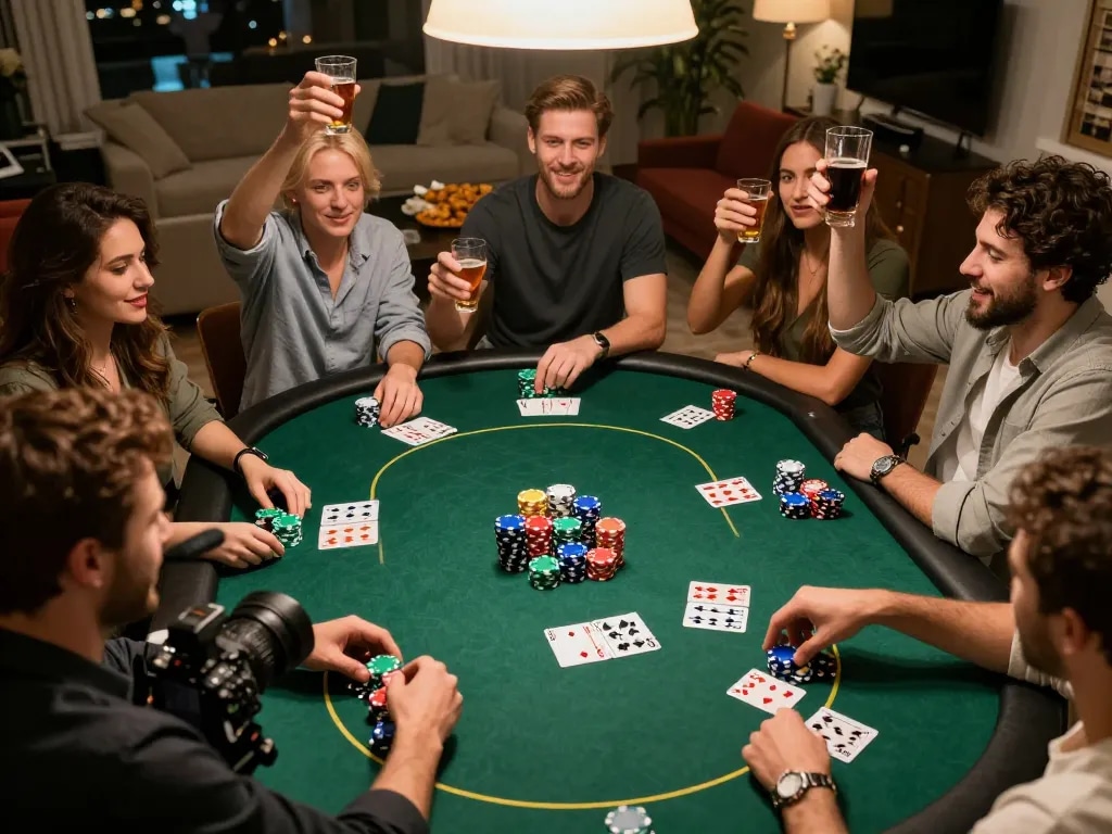 Friends celebrating a win in their home poker game, showing the excitement of dash88