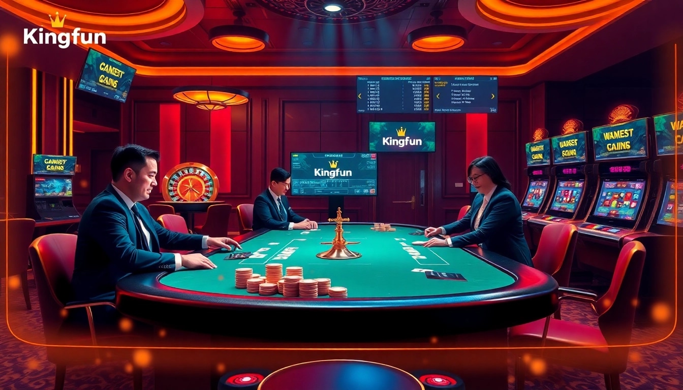 Experience the excitement of online gambling with Kingfun at a vibrant casino featuring poker, roulette, and slot machines.