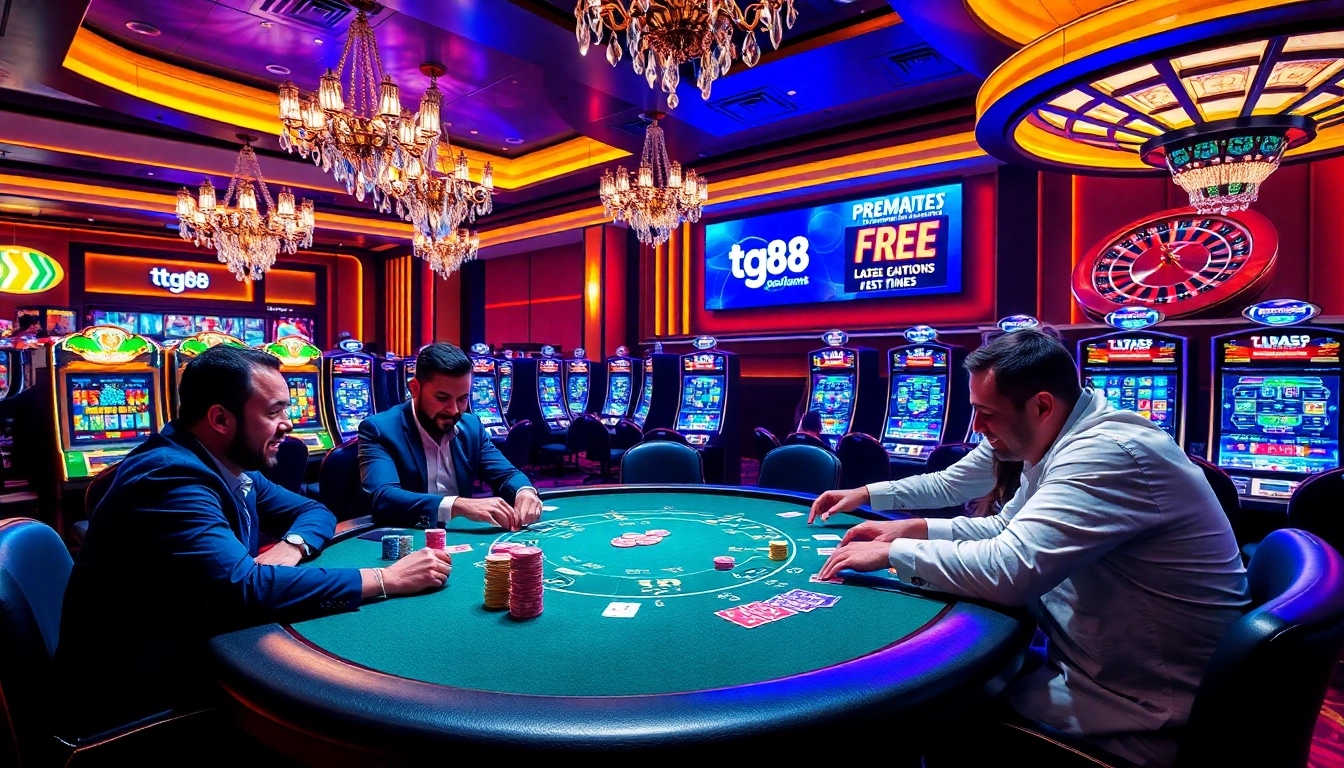 Experience exciting gameplay at tg88 with vibrant casino visuals of poker and roulette tables.