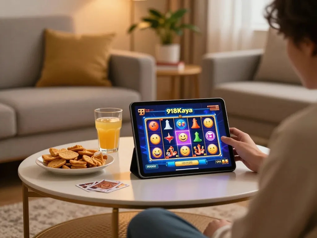 Engaging gameplay on 918Kaya PNG in a cozy home setting with vibrant slot interface.