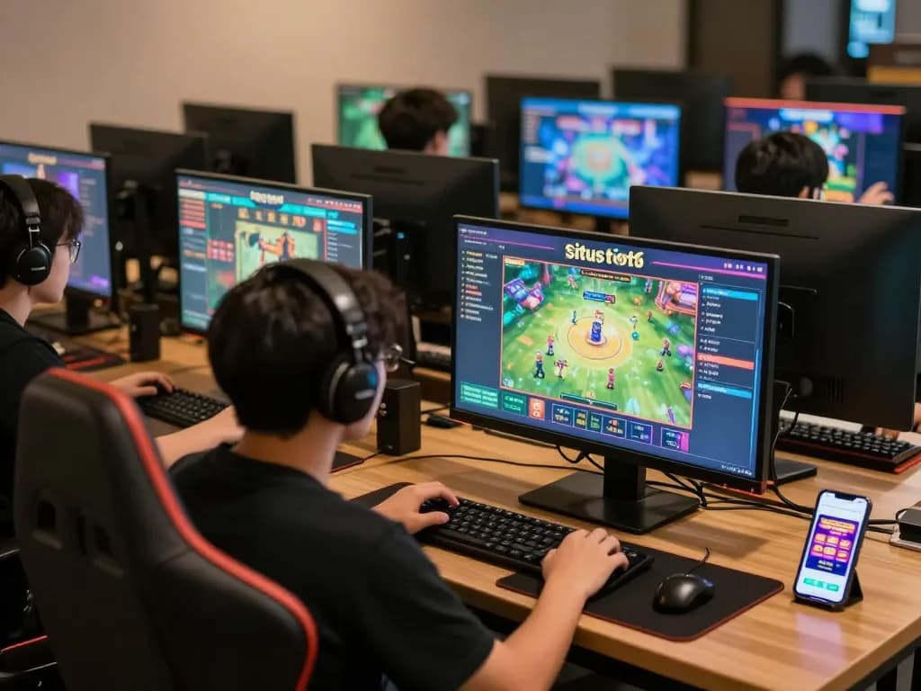 Pemain situs toto menikmati sesi permainan online strategis di berbagai layar, menunjukkan strategi permainan mereka.