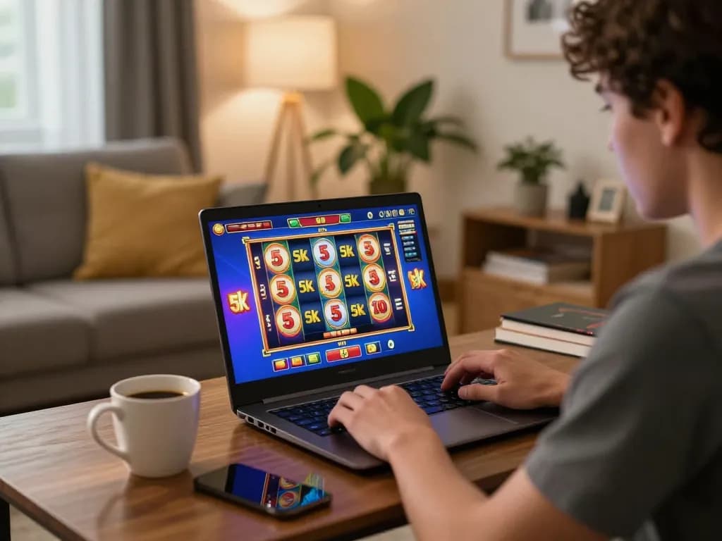 Player enjoying a slot 5k game on laptop with lively home ambiance