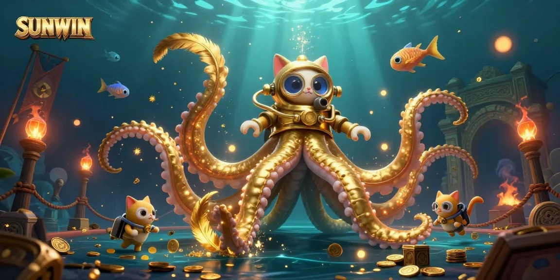 SUNWIN offers an exciting underwater betting adventure with a kraken and diving cat amidst vibrant treasure.