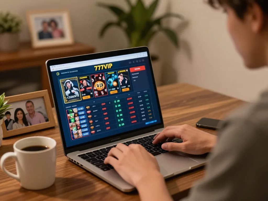 Engaged player using 777VIP online casino for strategic betting, creating a relaxed gaming environment.