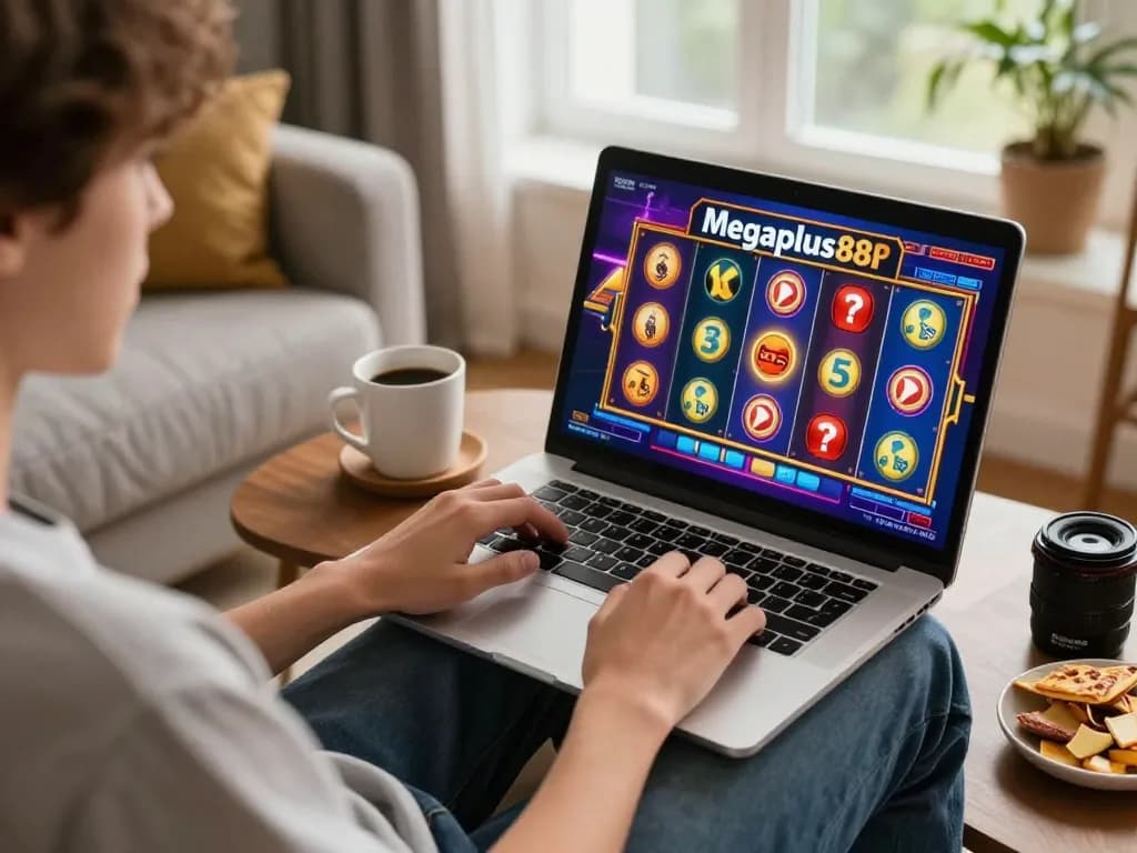 Engaging gameplay on Megaplus88 with vibrant slot graphics in a cozy home setting.