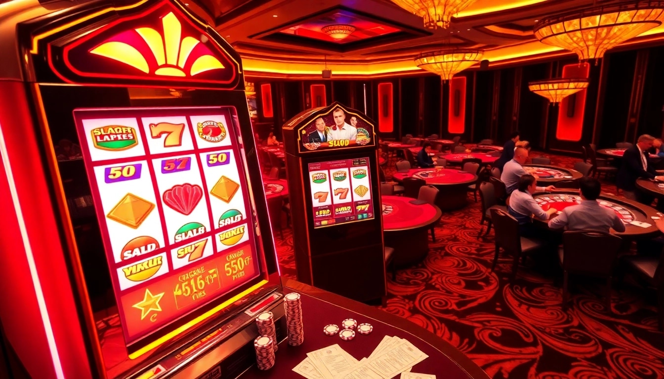 Experience slot demo excitement with vibrant casino visuals showcasing players and gaming tables.