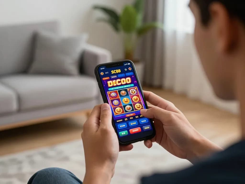 Engaging moment of a player using the SC88 app for online gambling, showcasing mobile games and interactive features.