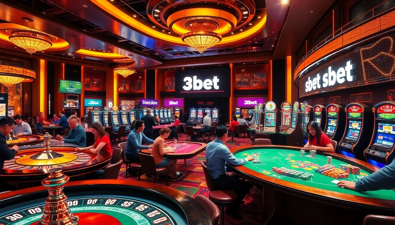 Engaging players enjoying the excitement of 3Dbet on a lively casino floor with roulette and slot machines.