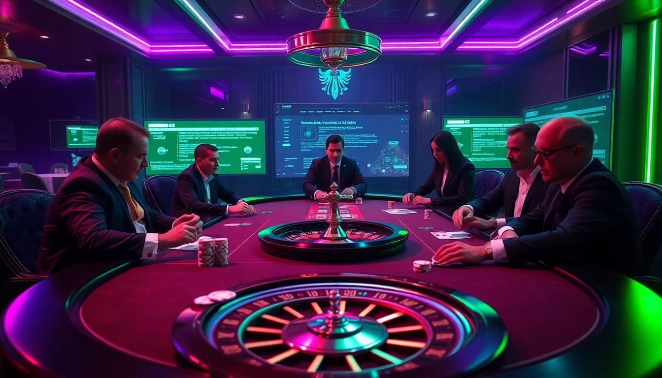 The hidden wiki enhances the thrill of gambling, showcasing a luxurious casino scene with strategic poker players.