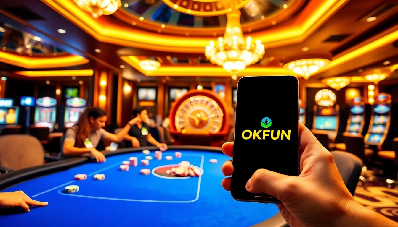 Players engaging in an exhilarating poker game at OKFUN casino with vibrant elements.