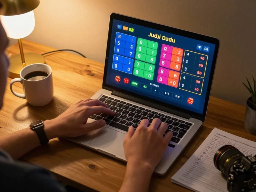 Player enjoying Judi Dadu on a laptop with colorful dice results visible on screen, cozy home office setting.
