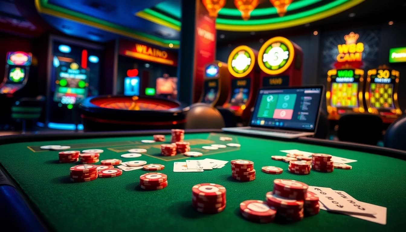 Experience the thrill of WW88 com with high-stakes poker and vibrant slot machines in a luxurious online casino setting.