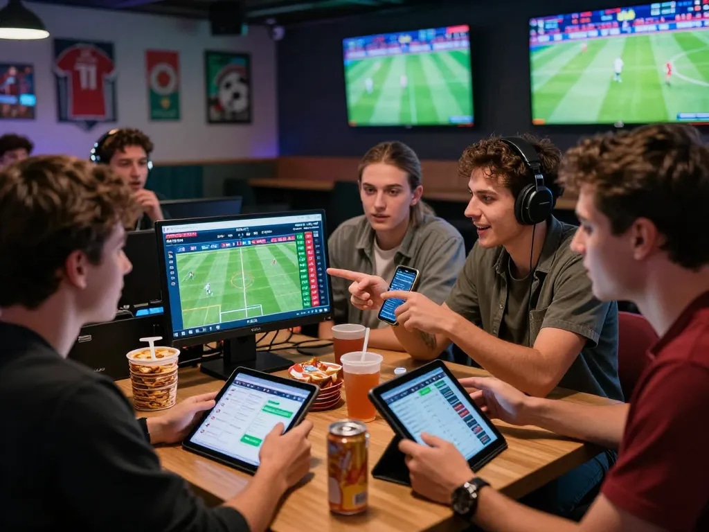 Kèo nhà cái scene showing friends enjoying sports betting atmosphere with live odds and screens in a gaming lounge.