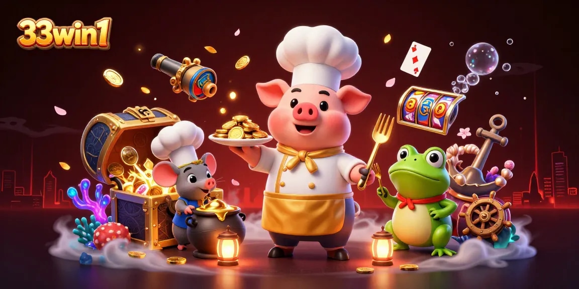 Engage with 33win1, savoring gambling adventures amidst gold coins and gaming treasures.