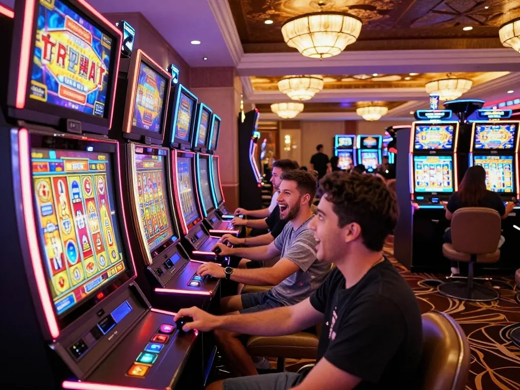 Players enjoying exciting moments at Tempo123 slot machines in a vibrant casino