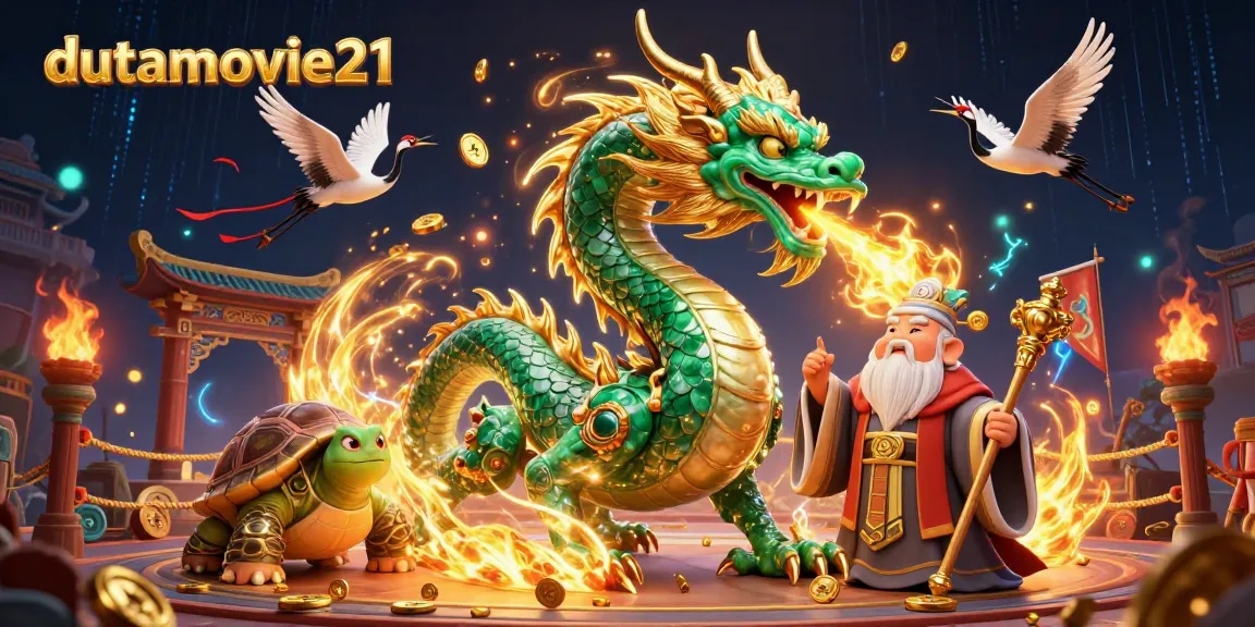 Experience the excitement of dutamovie21 with a magical dragon and lucky cranes in a vibrant casino scene.
