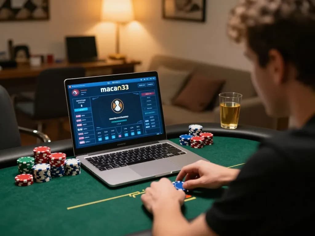 Player engaged in macan33 online poker, showcasing intense focus and strategy in a cozy home setting.