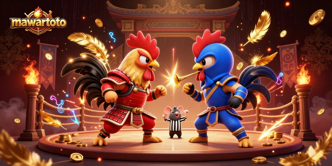 Mawartoto showcases an intense showdown between fighting roosters, symbolizing the thrilling betting experience in online gaming.