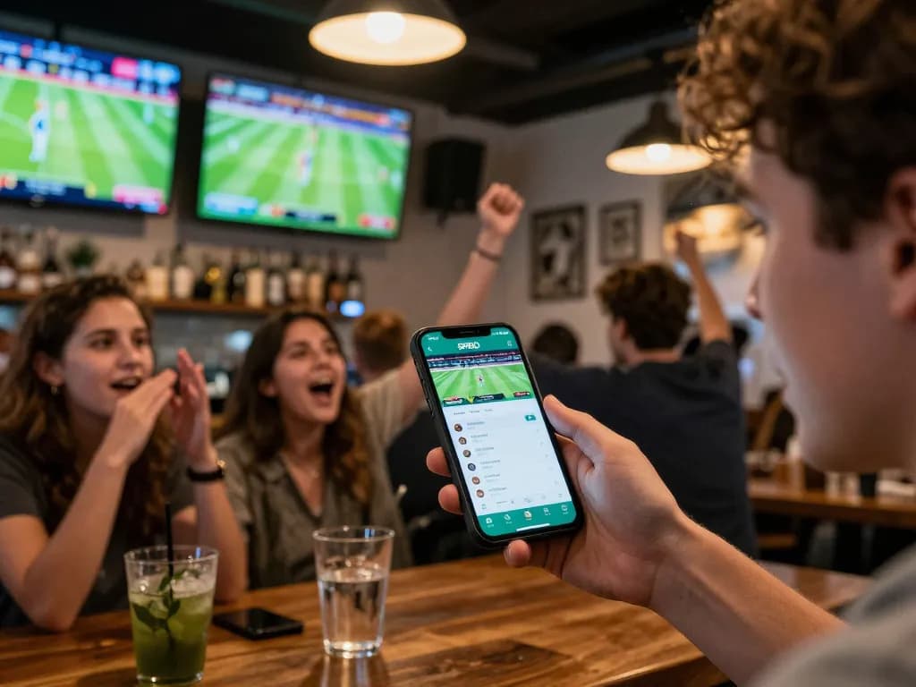Penggemar berinteraksi dengan aplikasi skor langsung SPBO saat bertaruh olahraga di bar yang ramai