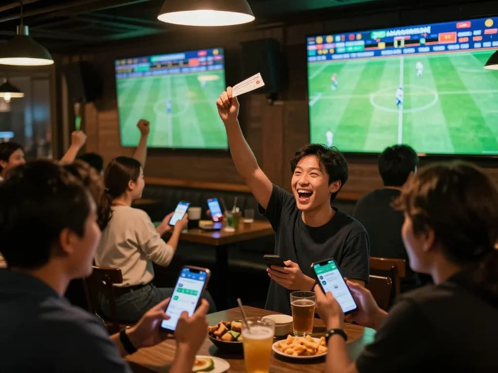 Watching kèo nhà cái at a sports bar, friends cheering during live betting action.