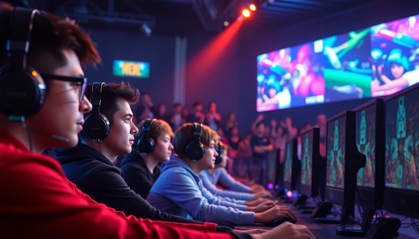 Competição de gamers no higame com intensa concentração e luzes brilhantes.