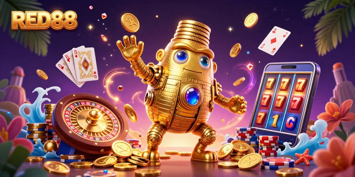 Engage with RED88 and experience a vibrant 3D casino scene filled with entertaining characters and game elements.