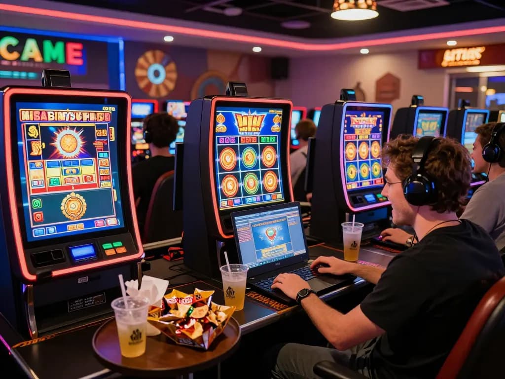 Engaging scene of an online gambler at max88pro playing slots on a laptop.