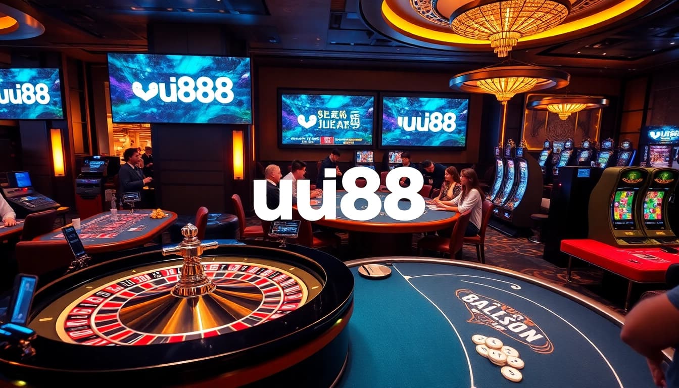 Engage in thrilling gambling action at uu88 with luxurious casino tables and vibrant gaming atmosphere.