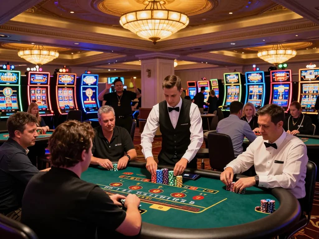 Players immersed in strategic gameplay at a bustling SC88 casino, with colorful chips and dynamic betting atmosphere.