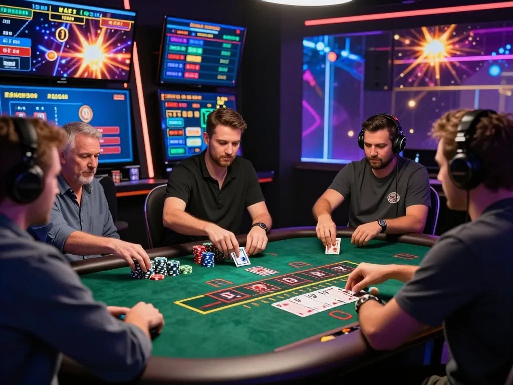 Players immersed in an exciting XX88 online casino experience, engaging with a live dealer and vibrant graphics, showcasing a thrilling gaming atmosphere.