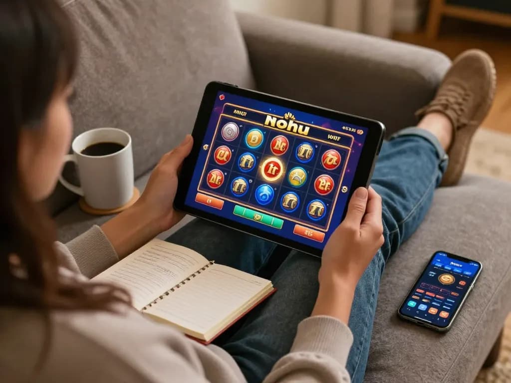 Player enjoying nohu slot game on tablet in cozy home setting with strategy notes.