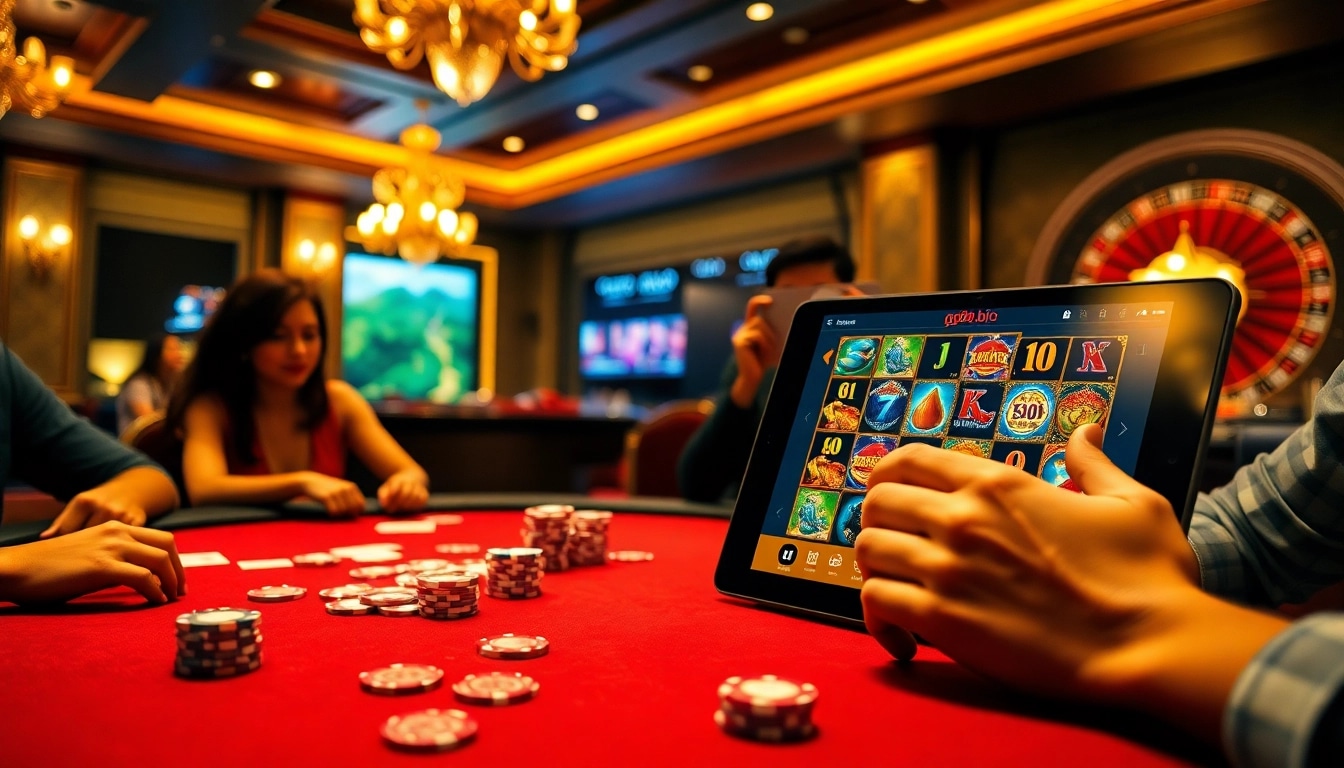 Captivating casino excitement with players at a poker table and online interface showcasing https://gg88.biz/.